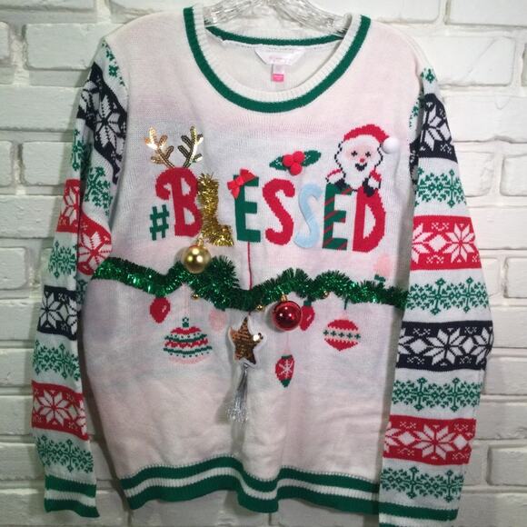 Ugly Christmas Sweater Blessed embellished themed Juniors XXL/19 - Picture 1 of 5